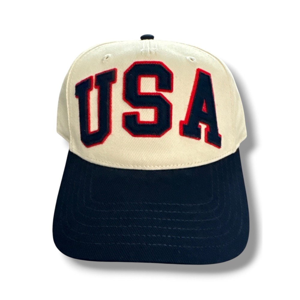 Mad Engine USA Snapback Hat‎ Mens OSFM Cream Navy Blue Red Embroidered Applique